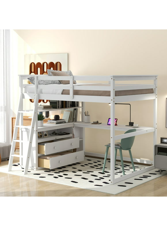 Euroco Full Size Wood Loft Bed with Desk, Shelves and Cabinets for Kids Room, Incline Ladder and 3 Drawers, White