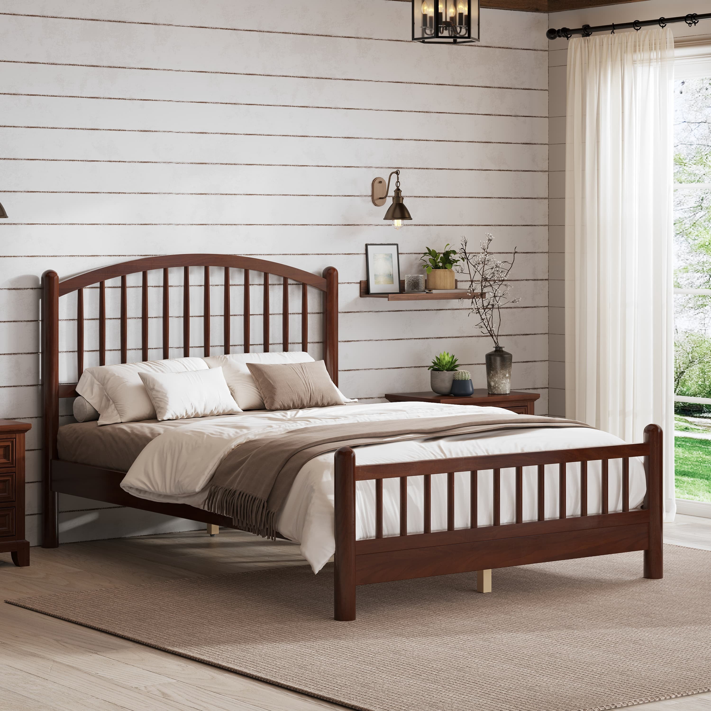 Euroco Full Size Wood Platform Bed with Arched Headboard, No Box Spring Needed, Espresso