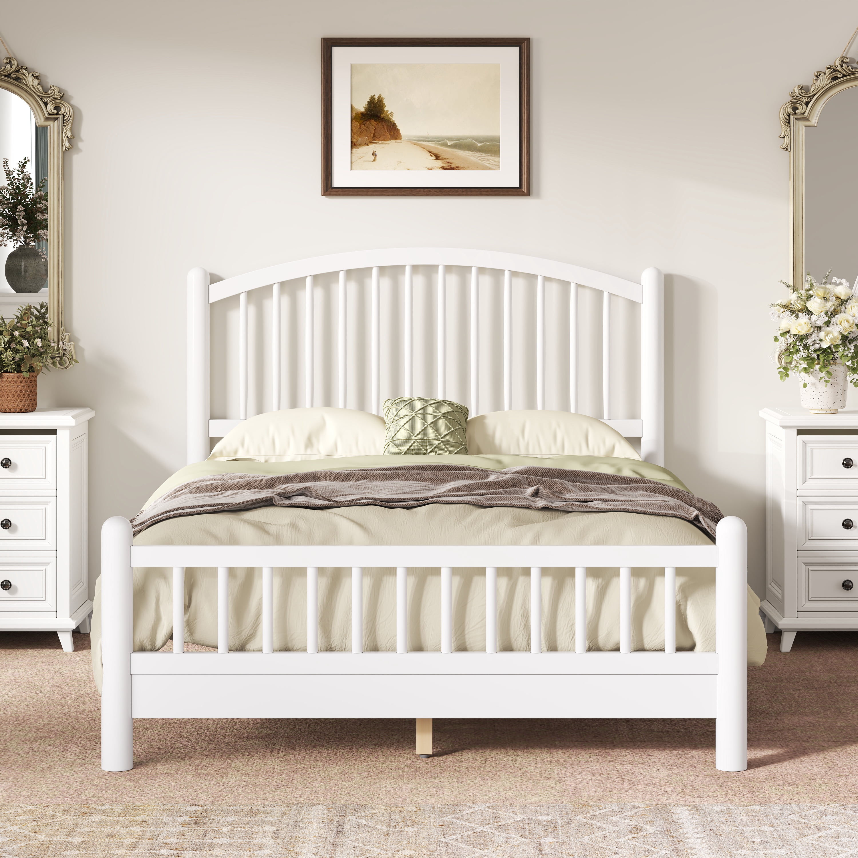 Euroco Full Size Wood Platform Bed with Arched Headboard, No Box Spring Needed, White