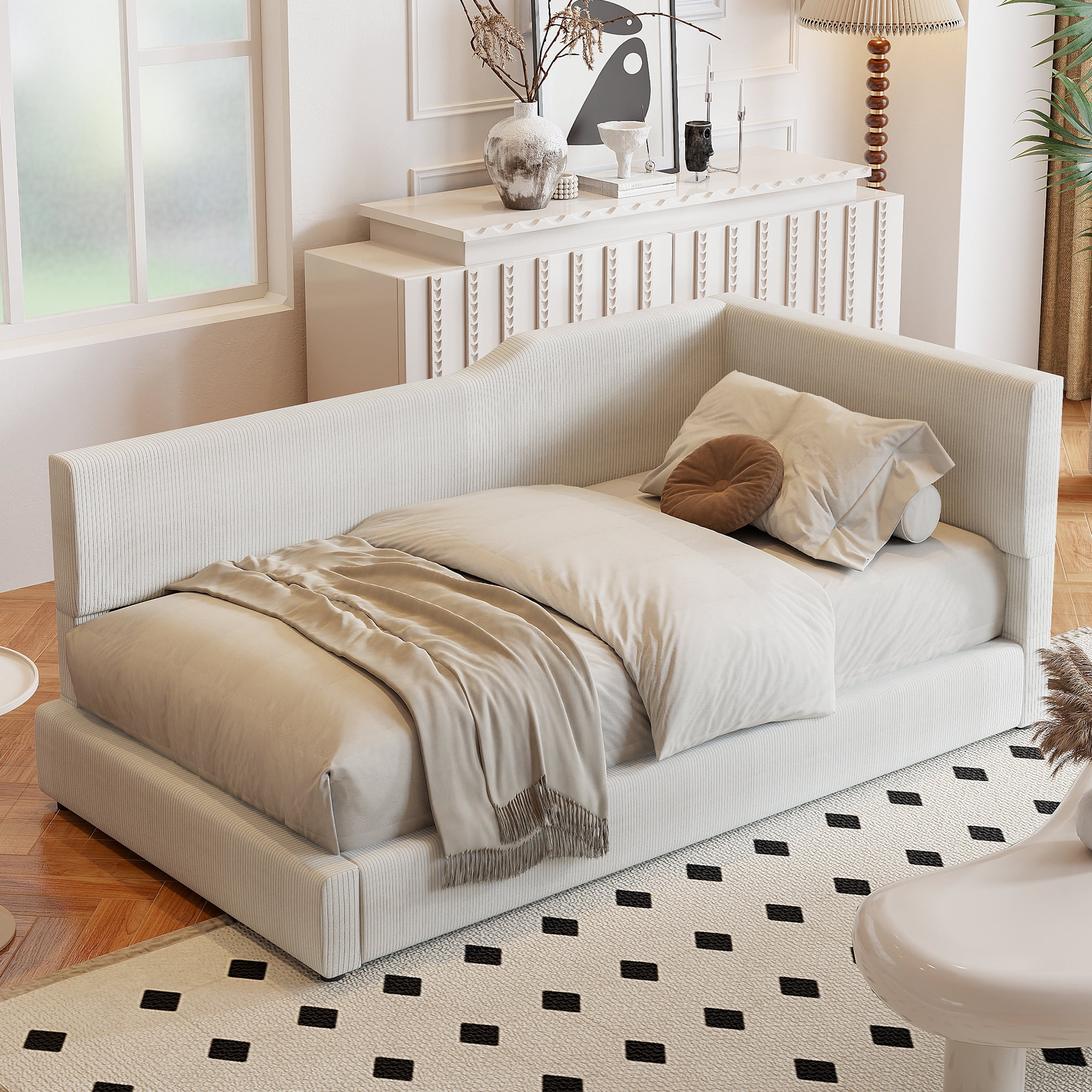 Euroco Twin Size Wood Daybed Platform Bed with Headboard for Bedroom, Beige