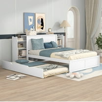 Euroco Full Size Wood Platform Bed with Trundle, Flexible 4-Tier Shelf in Headboard for Kids, White