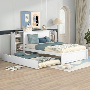 Euroco Full Size Wood Platform Bed with Trundle, Flexible 4-Tier Shelf in Headboard for Kids, White