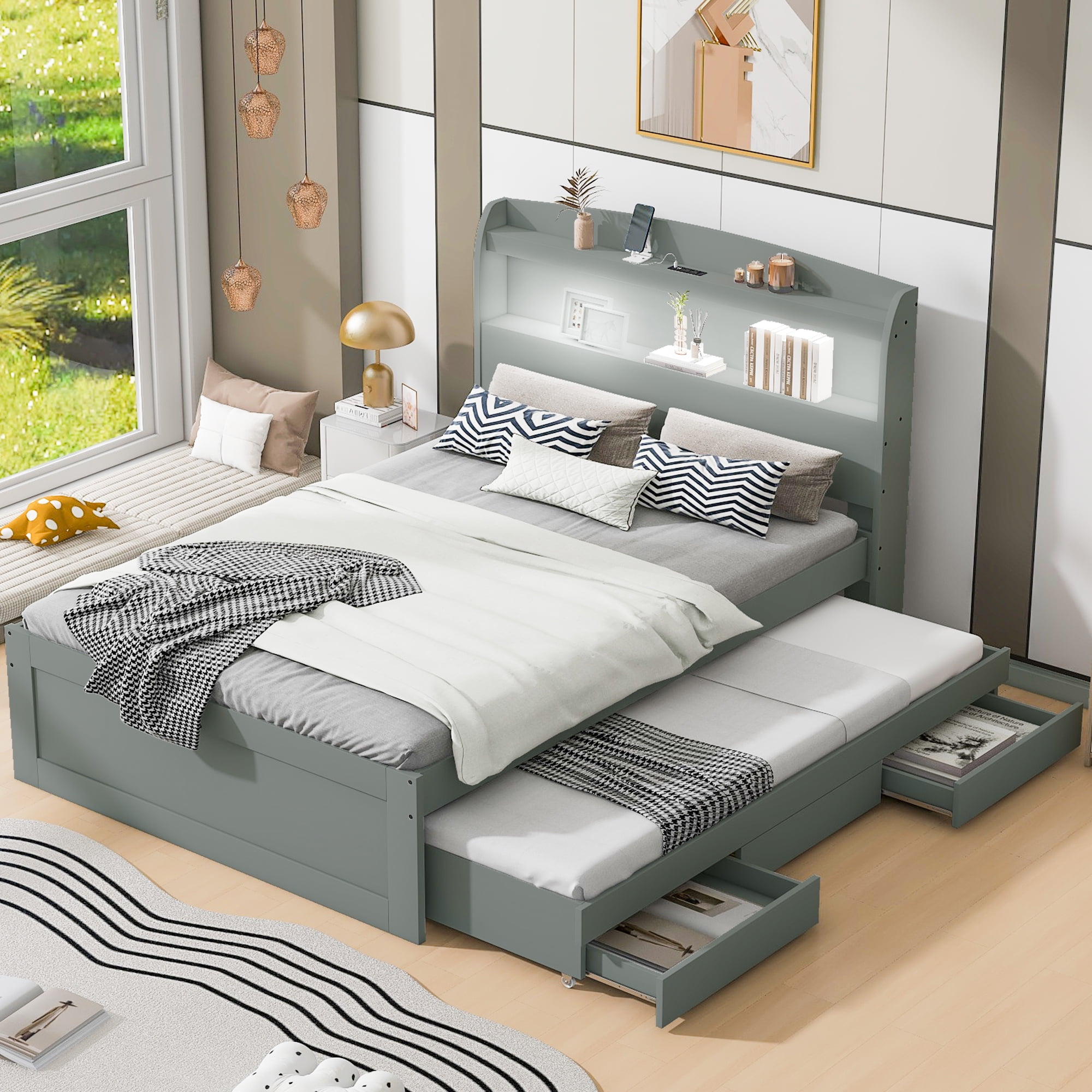 Euroco Full XL Platform Bed with Storage Headboard Charging Station LED Light Trundle Bed Gray
