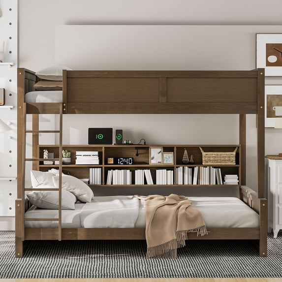 Euroco Full XL over Queen Bunk Bed with Functional Cabinet and USB Charging Station for Kids Teens, Wood