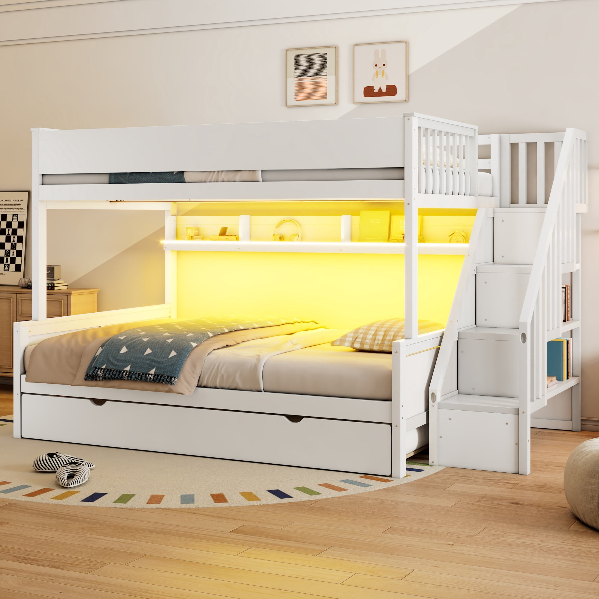 Euroco Full XL over Queen Bunk Bed with Storage Staircase and Shelves, Wood Bed with Trundle and LED Light, White