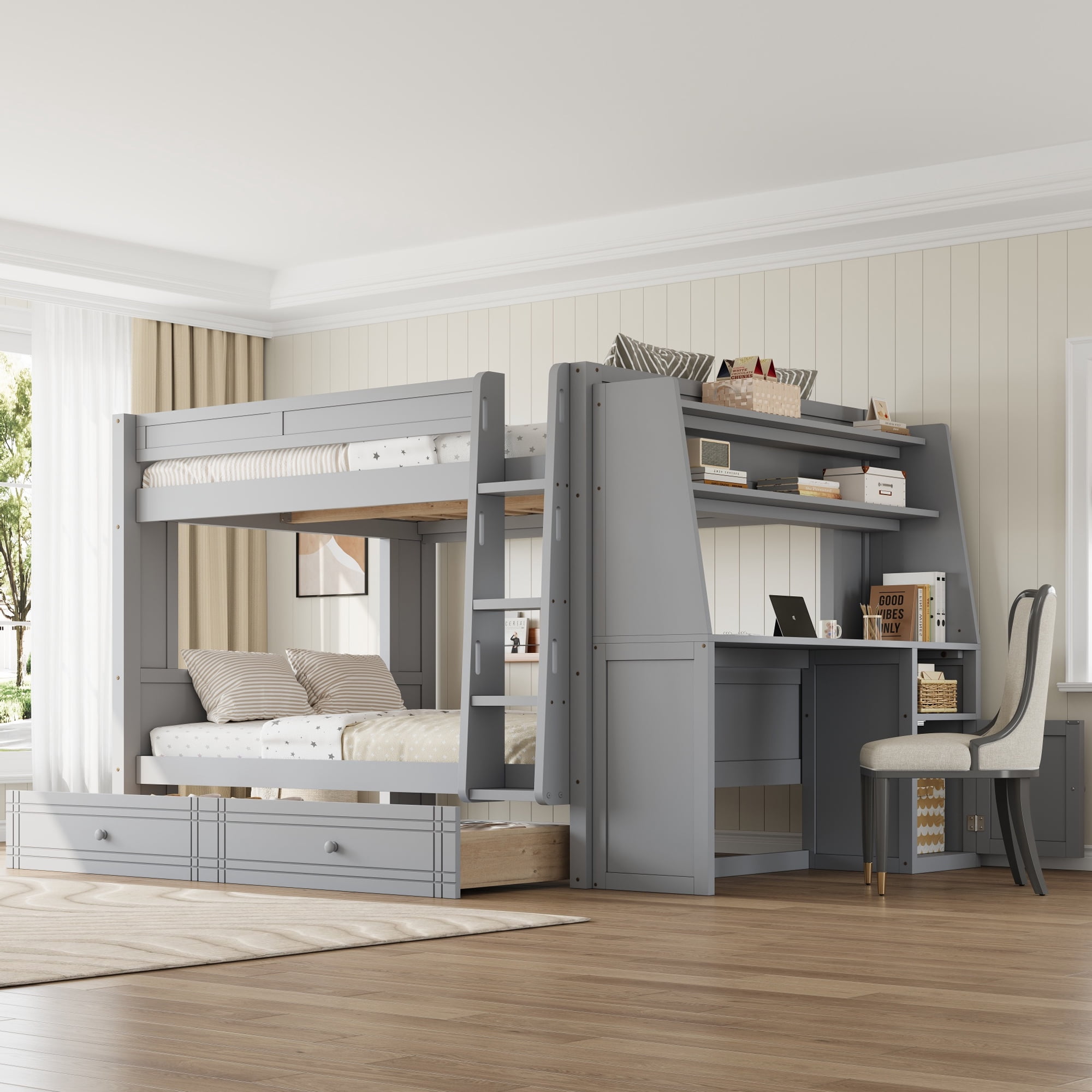 Euroco Full over Full Bunk Bed with Desk and Shelves,Wood Bed with ...