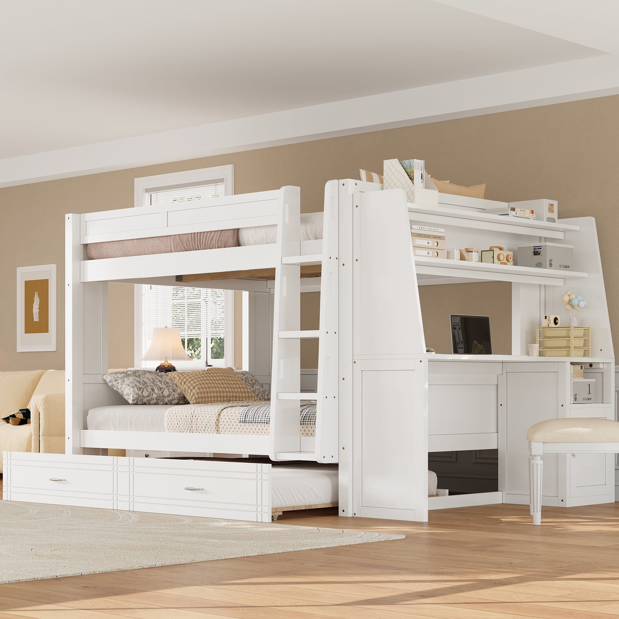Euroco Full over Full Bunk Bed with Desk and Shelves,Wood Bed with ...