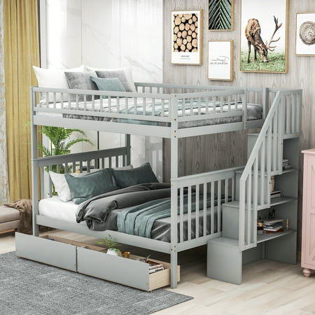 Euroco Full over Full Bunk Bed with Storage Shelves and 2 Under Storage Drawers for Kids Room, Gray