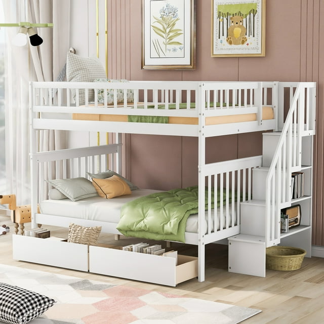 Euroco Full over Full Bunk Bed with Storage Shelves and 2 Under Storage