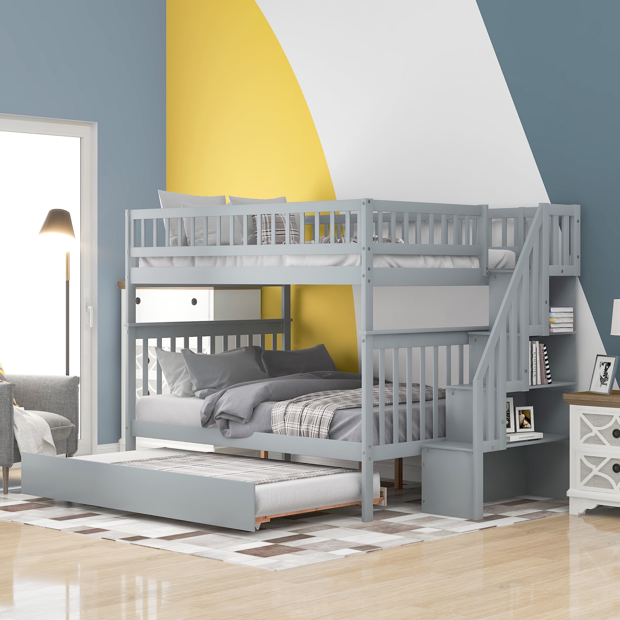 Euroco Full over Full Bunk Bed with Trundle and Storage Shelves for ...
