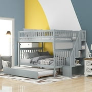 Euroco Full over Full Bunk Bed with Trundle and Storage Shelves for Kids Teens, Gray