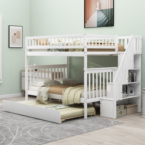 Euroco Full over Full Bunk Bed with Trundle and Storage Shelves for Kids Teens, White