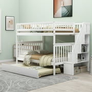 Euroco Full over Full Bunk Bed with Trundle and Storage Shelves for Kids Teens, White