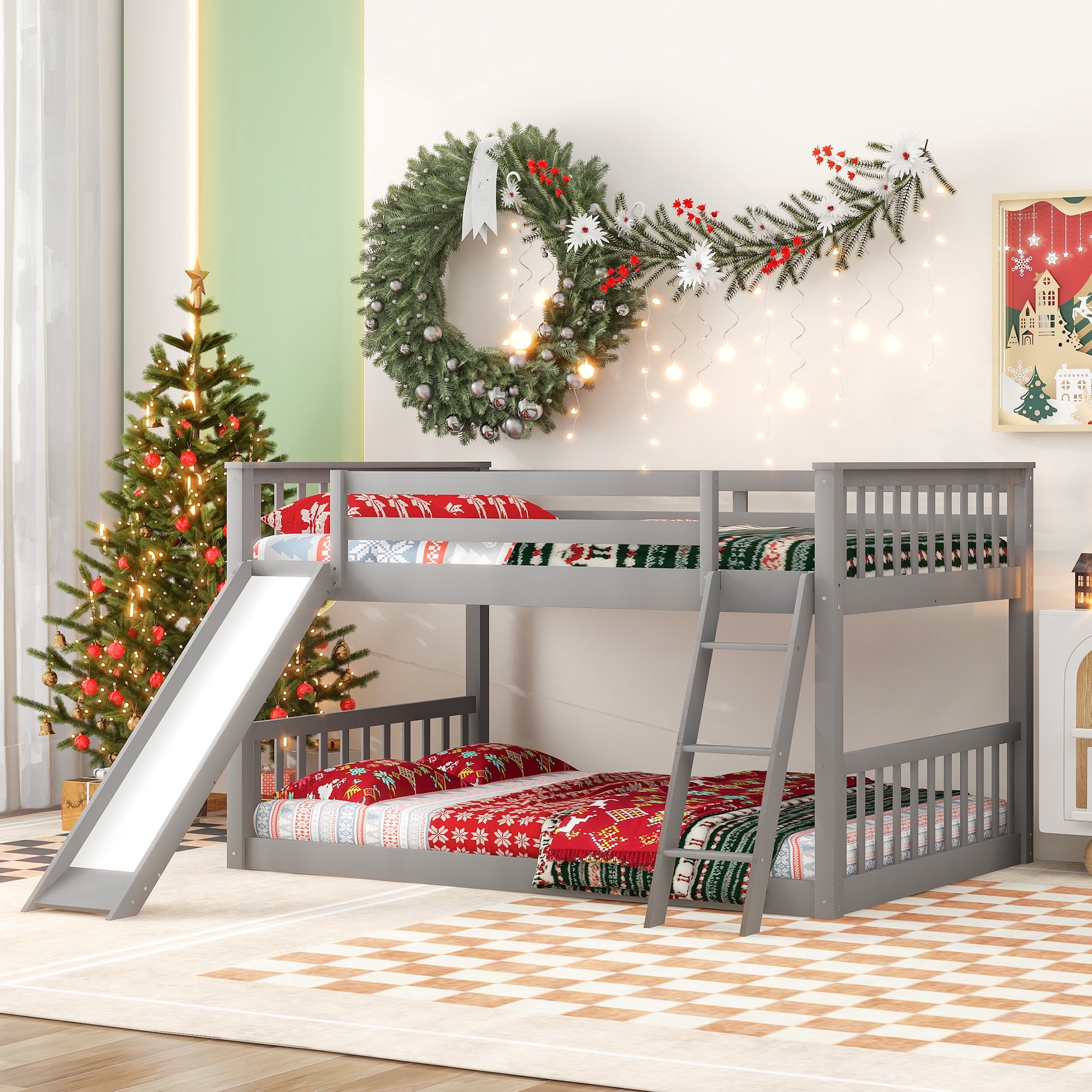Euroco Full over Full Floor Bunk Bed with Inter-Changeable Slide and Ladder, Solid Wood Bunk for Kids Teens Adults, Gray