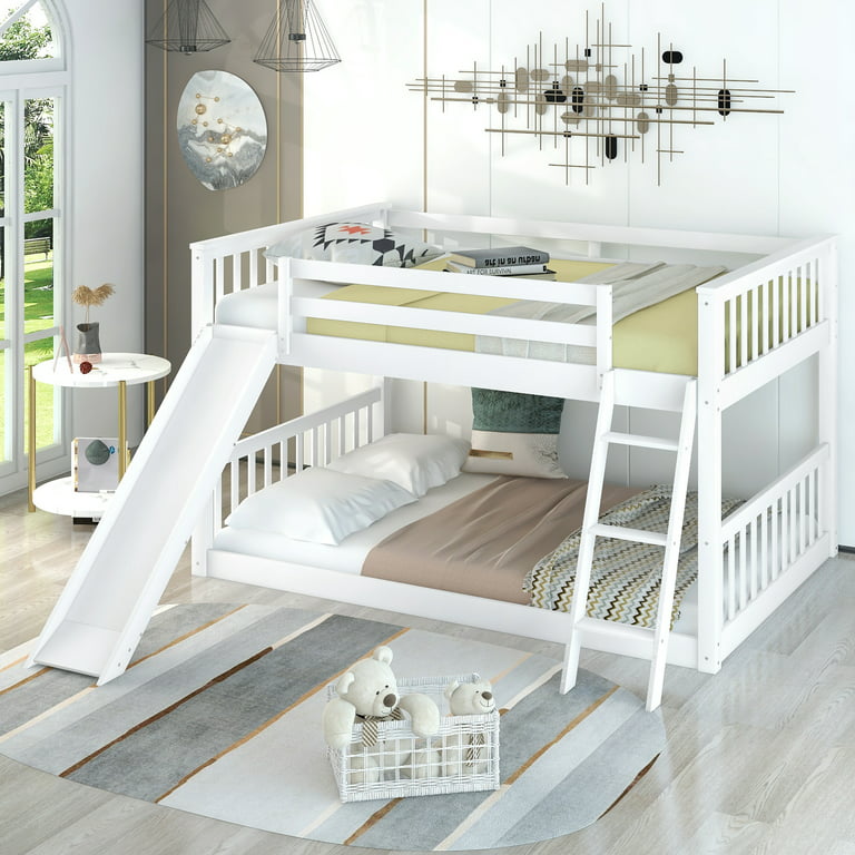 Euroco Full Over Full Floor Bunk Bed With Slide And Ladder For Kids Bedroom,  White - Walmart.Com