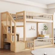 Euroco Wood Twin over Twin Bunk Bed with Storage Staircase, Floor Bed with Fence, Natural