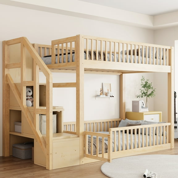 Euroco Wood Twin over Twin Bunk Bed with Storage Staircase, Floor Bed with Fence, Natural