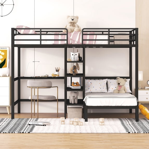 Euroco Full over Twin Bunk Bed, Twin Platform Bed and Full Loft Bed, Built-in Desk and Shelf for Kids Teens Adults
