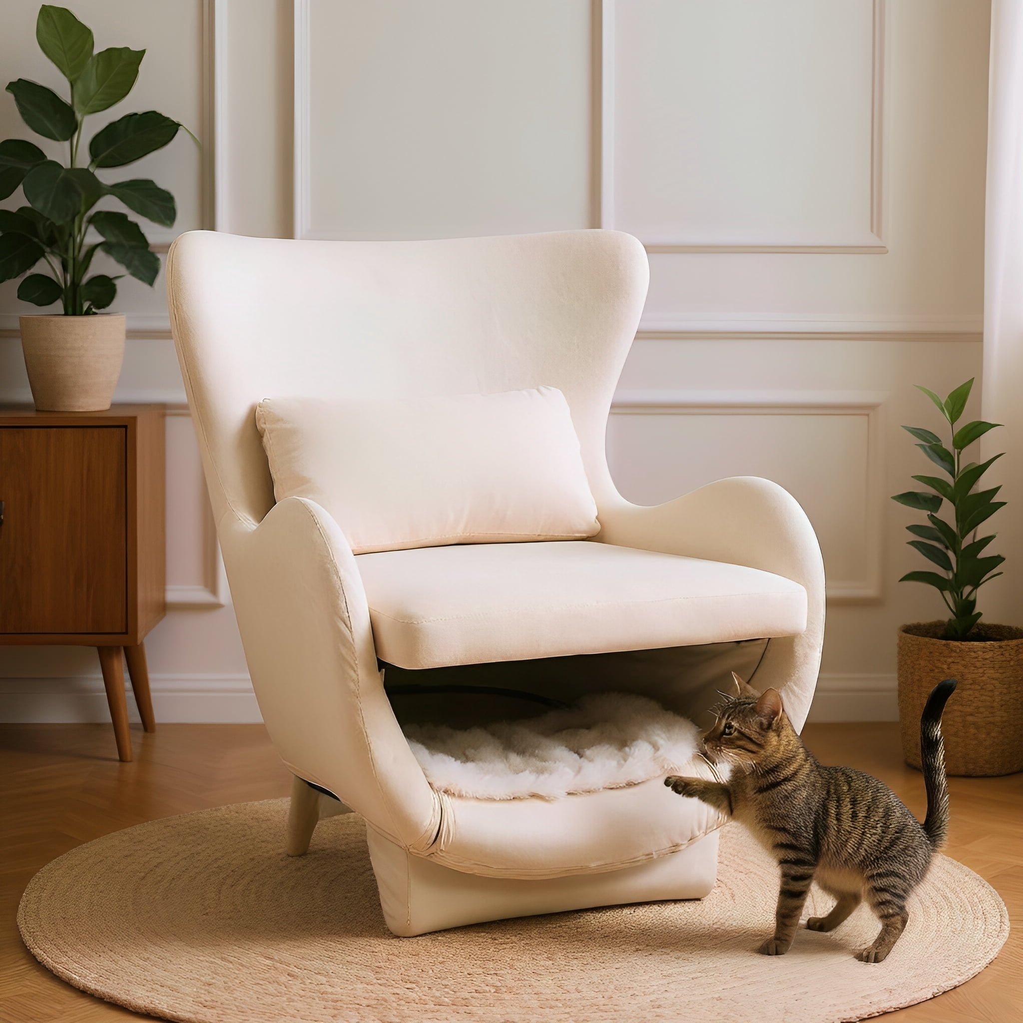 Euroco Furniture Style 2 in 1 Pet Friendly Modern Velvet Lounge Chair, Upholstered Back Accent Chair Leisure Single Sofa Chair for Living Room Office, White