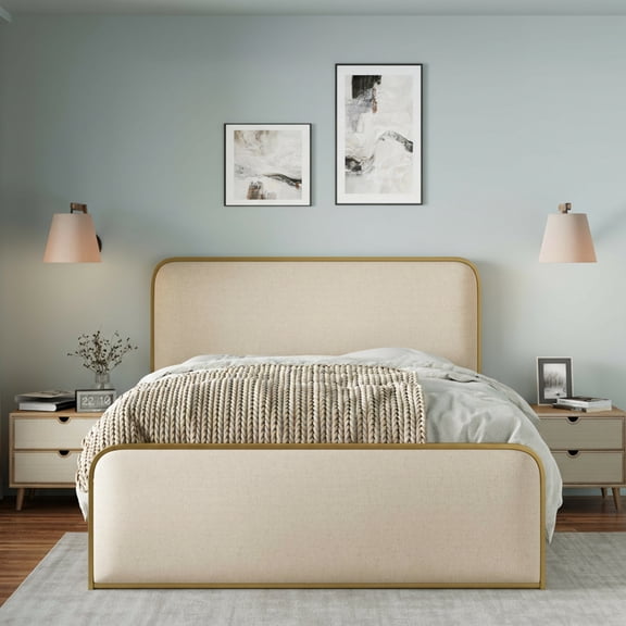 Euroco Gold Metal Bed Frame with Upholstered Headboard, Queen Size Platform Bed for Adults, Beige