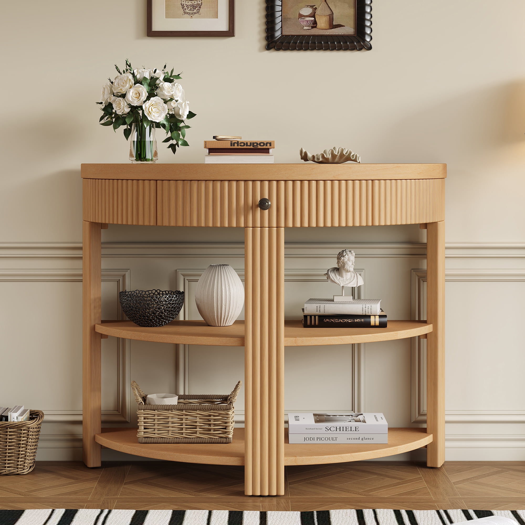 Euroco Half Moon Console Table with 1-Drawer, Fluted Entryway Table with 2 Open Storage Shelves,3-Tier Sofa Table for Living Room, Hallway, Foyer,Natural