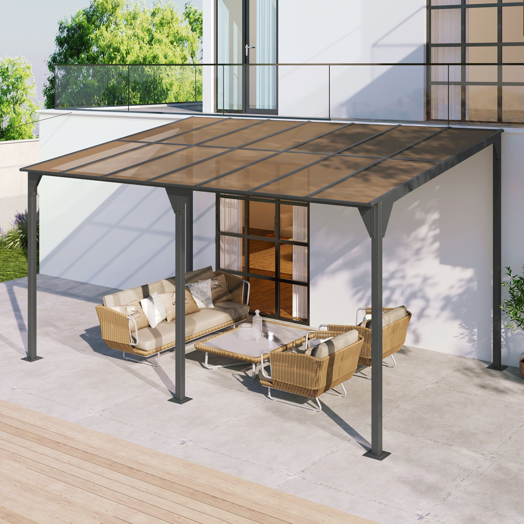 Euroco Heavy-Duty Wall-Mounted Patio Gazebo with PC Roof, UV60+ Protection, Rustproof Frame, Sloped Drainage Roof – 14.76 x 9.22 ft