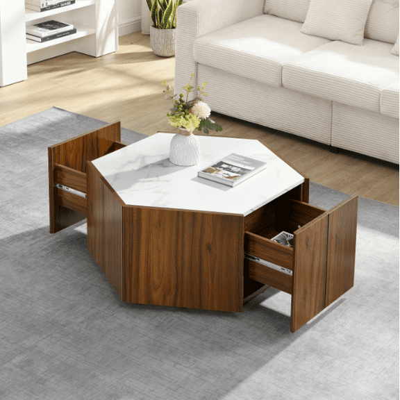 Euroco Hexagonal Rustic Retro Wood Coffee Table, with 2 Hidden Drawers, Textured White Marble Tops, Walunt Oak Finish - Perfect for Living Room & Reception Areas