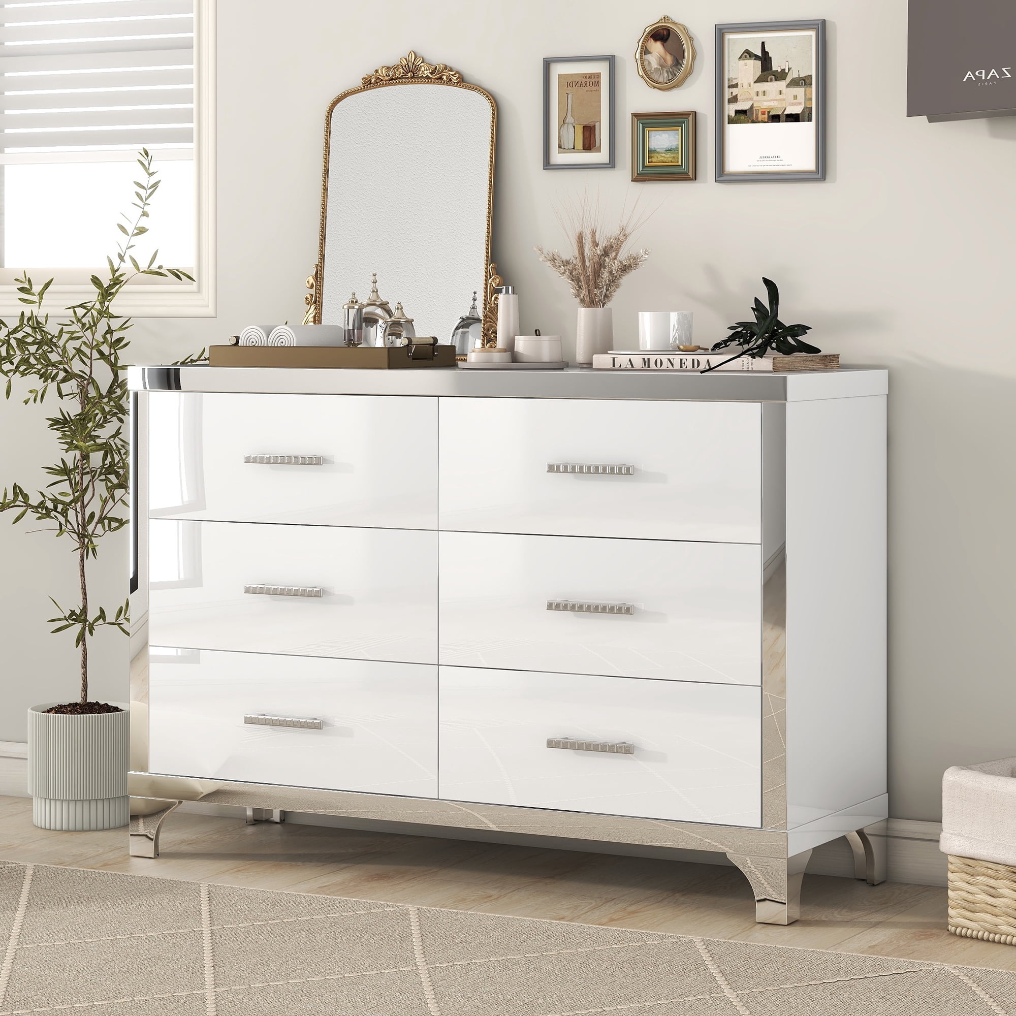 Euroco High Gloss 6 Drawers Dresser with Metal Handle,Elegant Mirrored Storage Cabinet for Bedroom,Living Room,White
