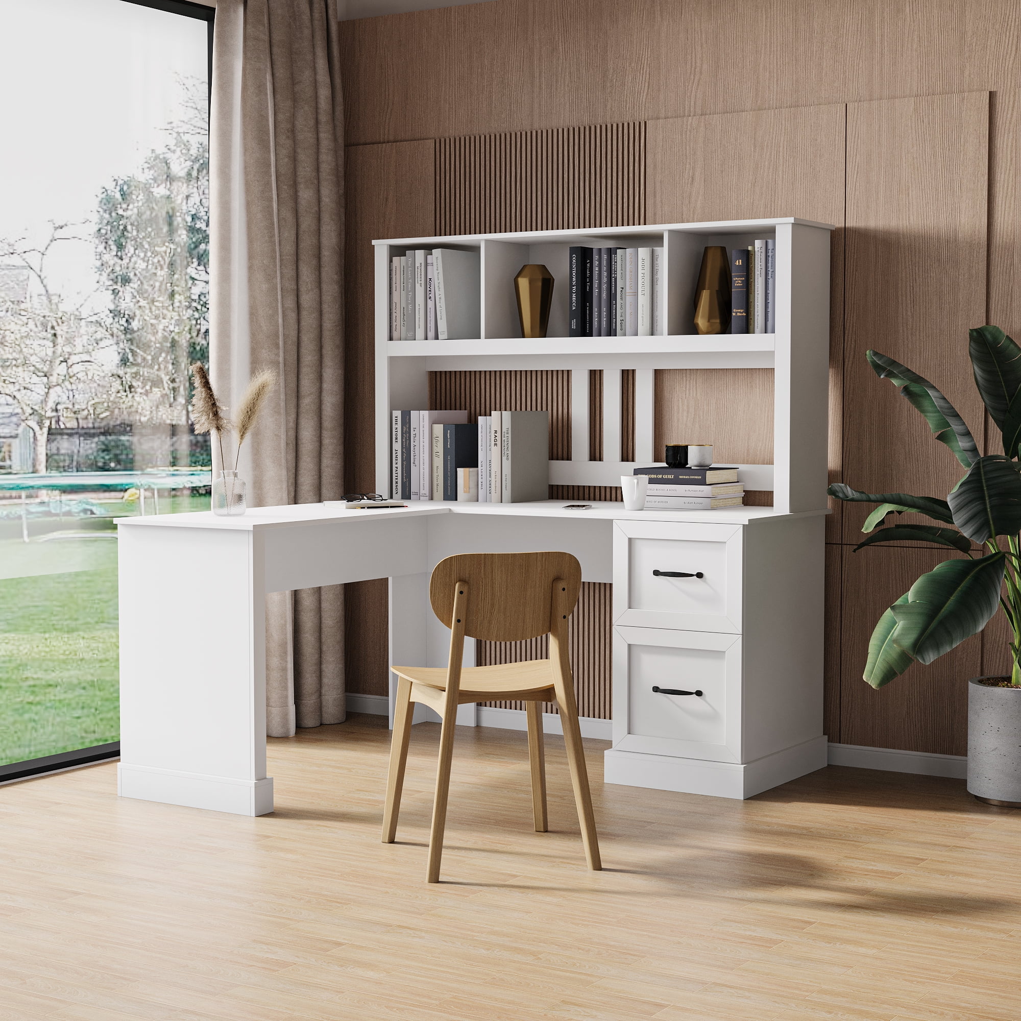 Euroco Home Office Computer Desk with Hutch, Antiqued White finish