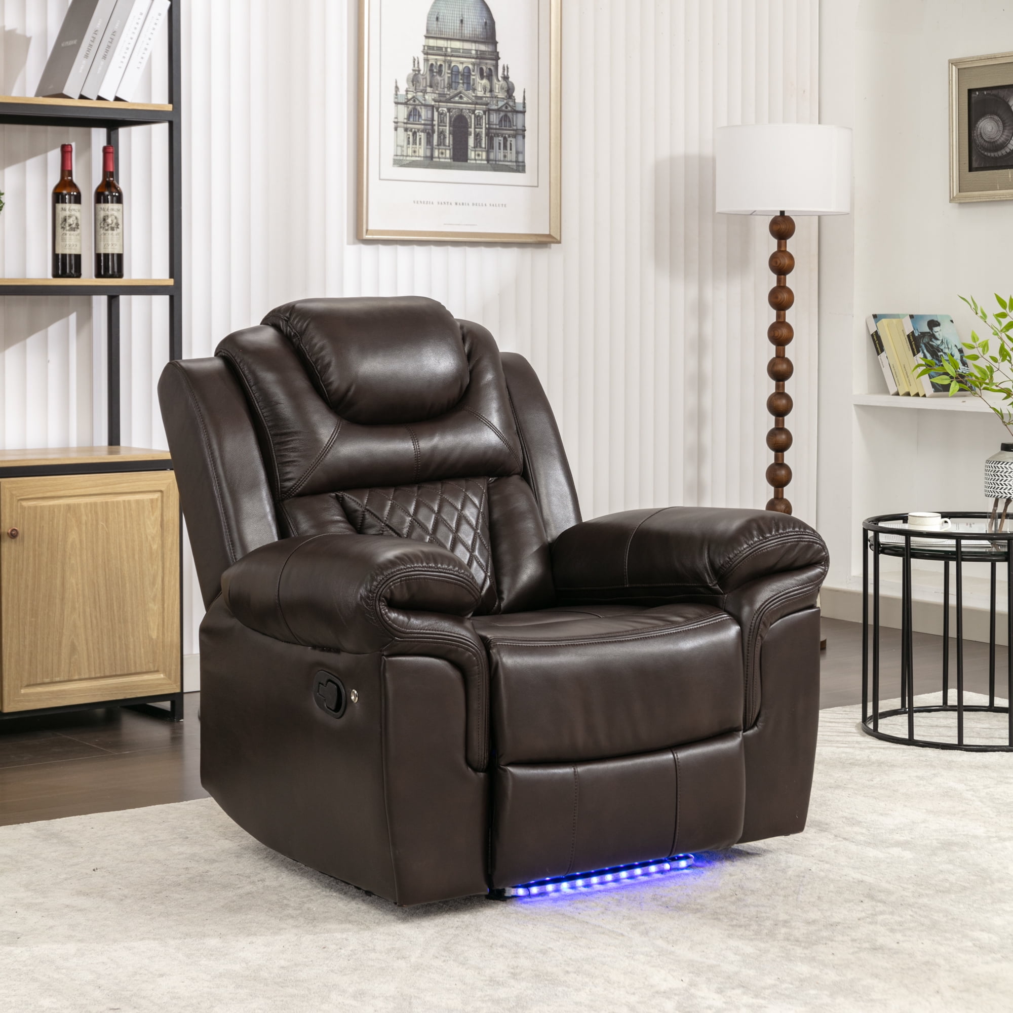 Euroco Home Theater Seating Manual Recliner Chair with LED Light Strip for Living Room,Bedroom, Brown