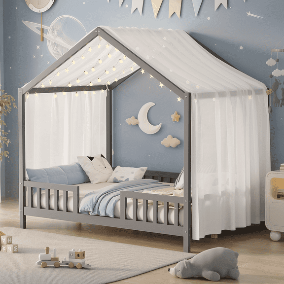 Euroco House Floor Bed with High Railings, Full Size Kids' Bed with Canopy, Grey