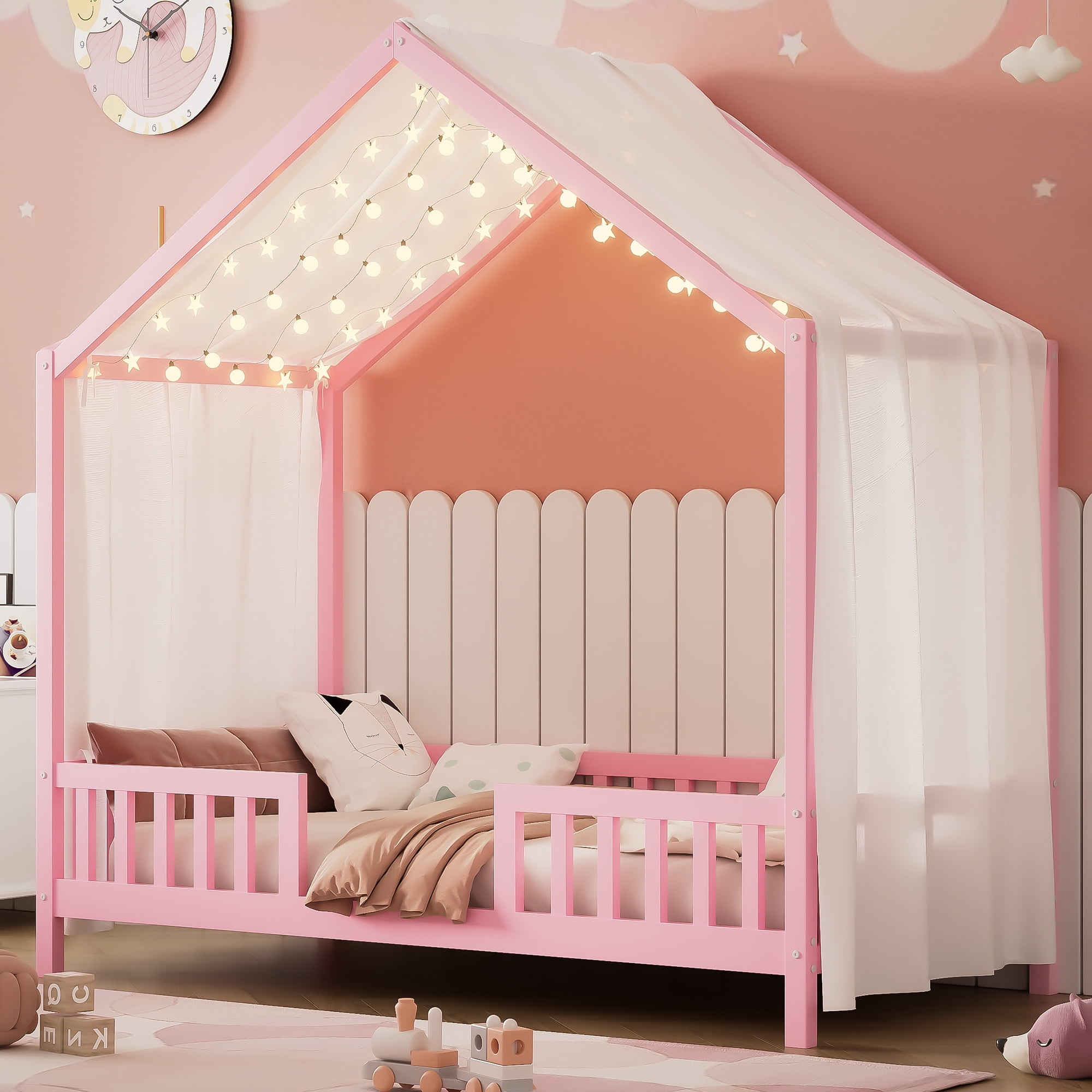 Euroco House Floor Bed with High Railings, Twin Size Kids' Bed with Canopy, Pink