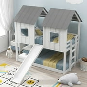 Euroco House-Shaped Twin over Twin Bunk Bed with Roof and Windows for Kids Teens Bedroom, White
