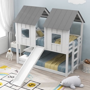 Euroco House-Shaped Twin over Twin Bunk Bed with Roof and Windows for Kids Teens Bedroom, White
