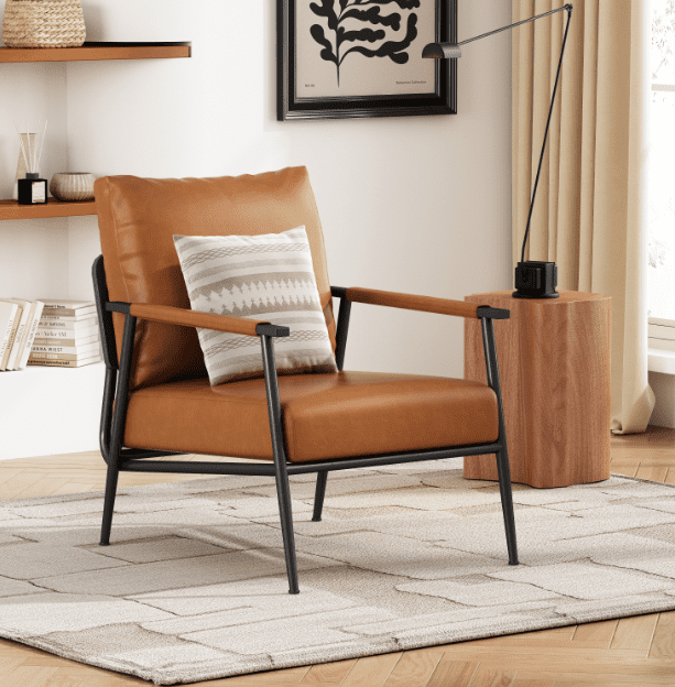 Euroco Industrial Faux Leather Lounge Chair with Iron Frame, High Back Accent Armchair with Padded Seat and Armrests for Living Room or Office
