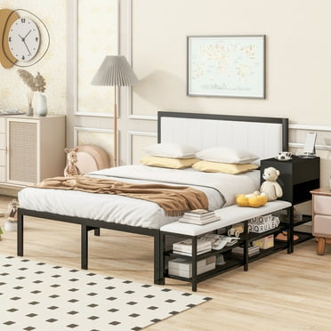 Euroco Metal Full Size Platform Bed with Two-Tier Storage Shelves, Wooden Storage Cabinet, Black