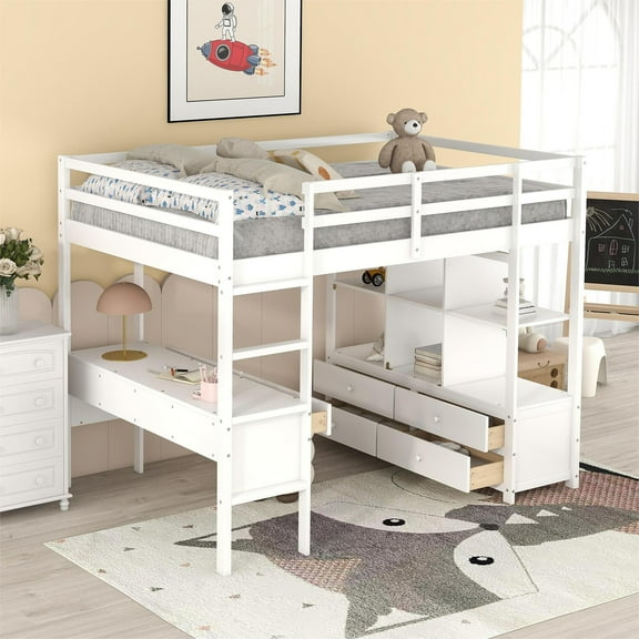 Euroco Full Loft Bed Wood Frame Desk with Drawers and Shelf for Kids Teens, White