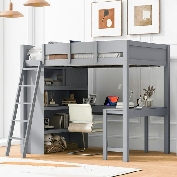 Euroco Full Size Wood Loft Bed with Desk, Drawers and Shelf for Kids Teens, Gray
