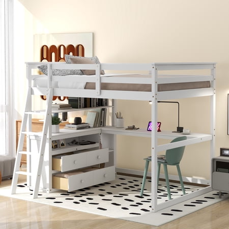 Euroco Full Size Wood Loft Bed with Desk, Shelves and Cabinet for Kids Teens, White