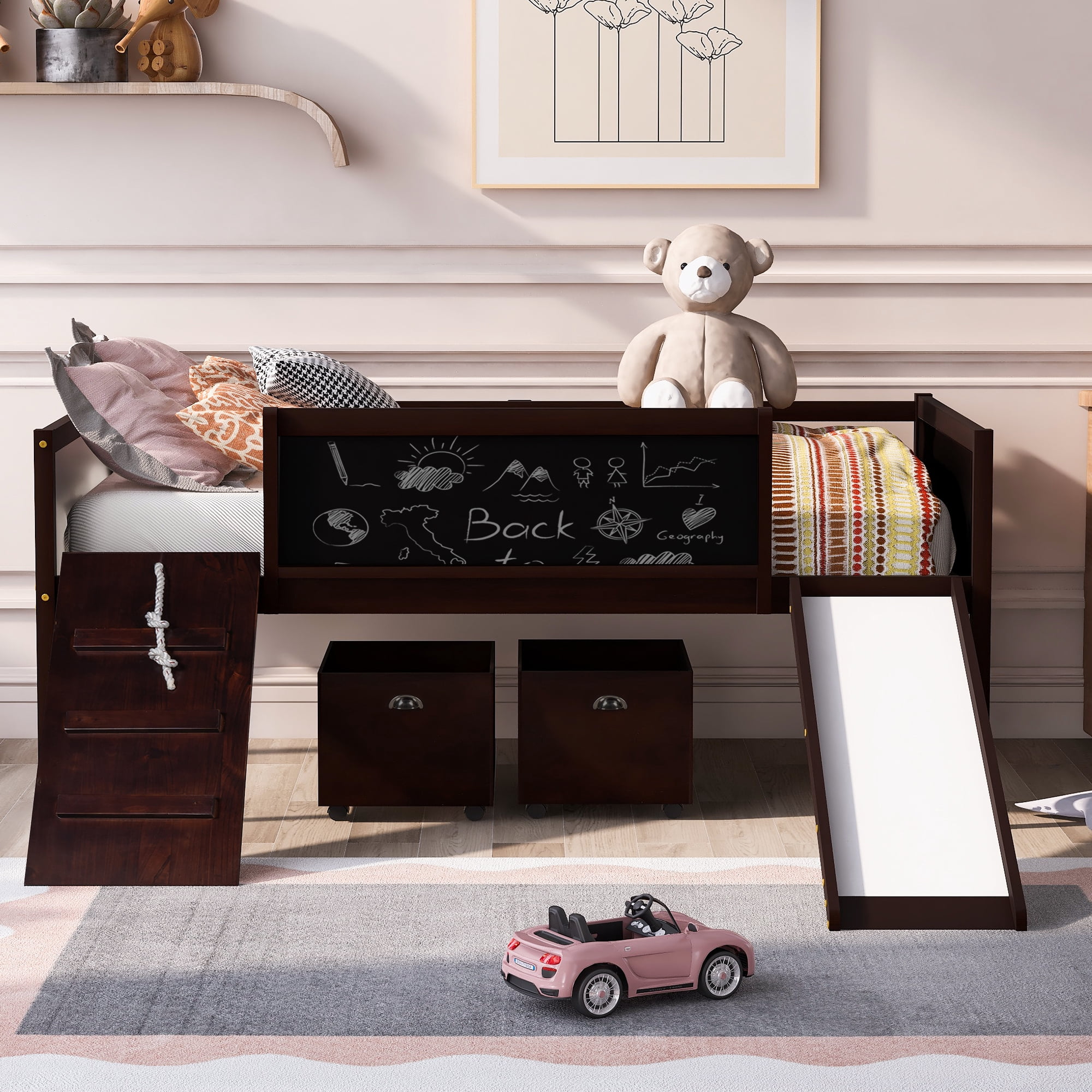 Euroco Wood Twin Size Loft Bed with Slide, Cabinets and Chalkboard,  Climbing and Rope Design for Kids, Espresso