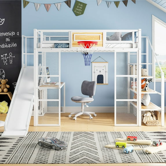 Euroco Full Size Loft Bed with Desk and Storage Staircase, Metal Bed with Basketball Hoop and Clothes Hanger for Kids Teens, White