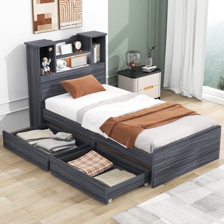 EUROCO Wood Twin Size Platform Bed with Storage Headboard and 2 Drawers, Open Shelf and LED Light, Gray