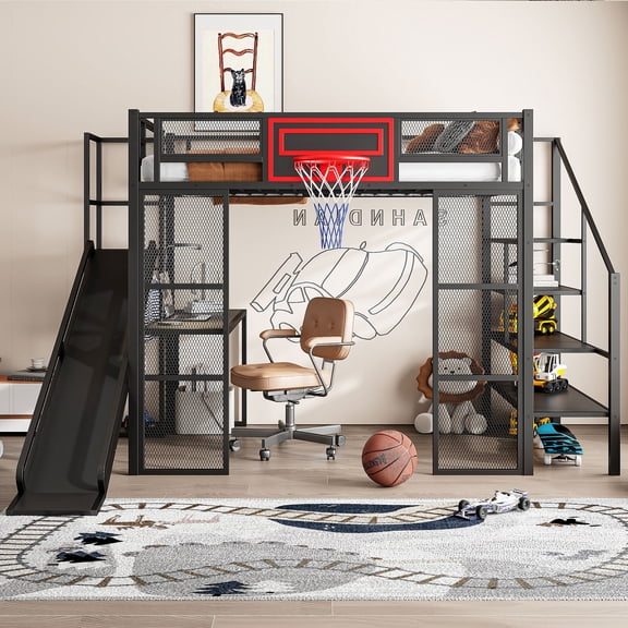 Euroco Full Size Loft Bed with Desk and Storage Staircase, Metal Bed with Basketball Hoop and Clothes Hanger for Kids Teens, Black