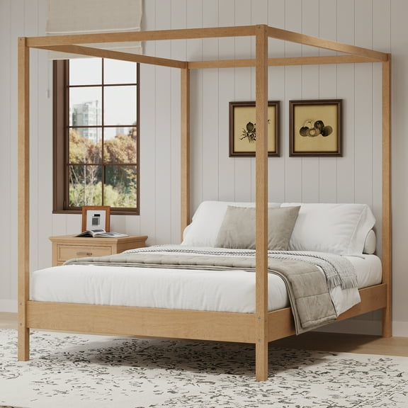 Euroco King Size Canopy Bed, Wood Platform Bed with Four Poster, Natural