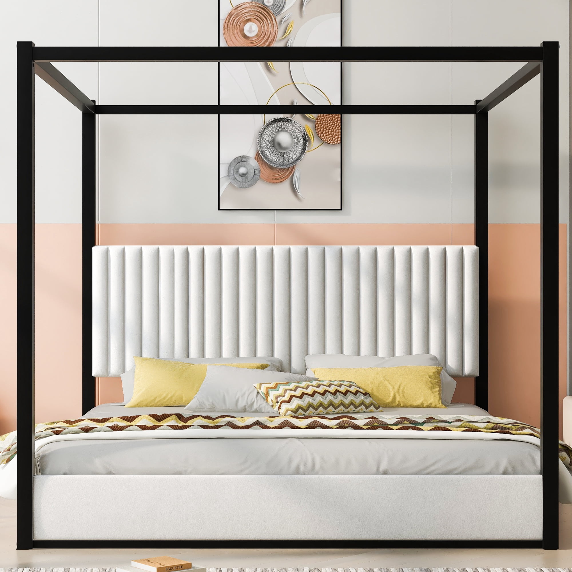 Euroco King Size Canopy Bed with Metal Frame and Upholstery Headboard, Black