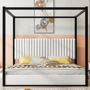 Euroco King Size Canopy Bed with Metal Frame and Upholstery Headboard, Black