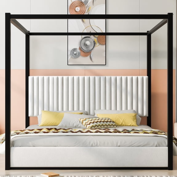 Euroco King Size Canopy Bed with Metal Frame and Upholstery Headboard, Black