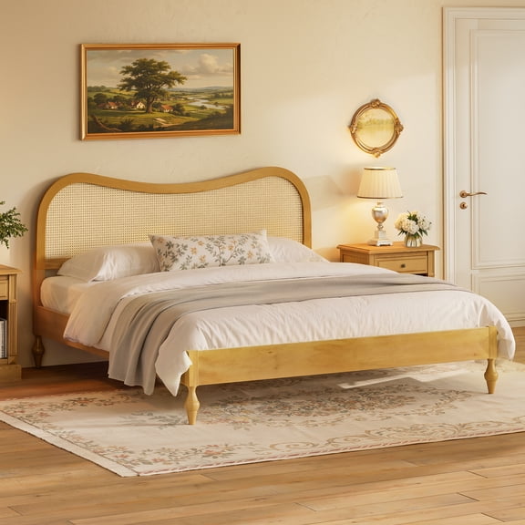 Euroco King Size Mid-Century Wood Platform Bed with Curved Rattan Cane Headboard, Scandinavian Natural Style Bed, No Box Spring Needed, Natural