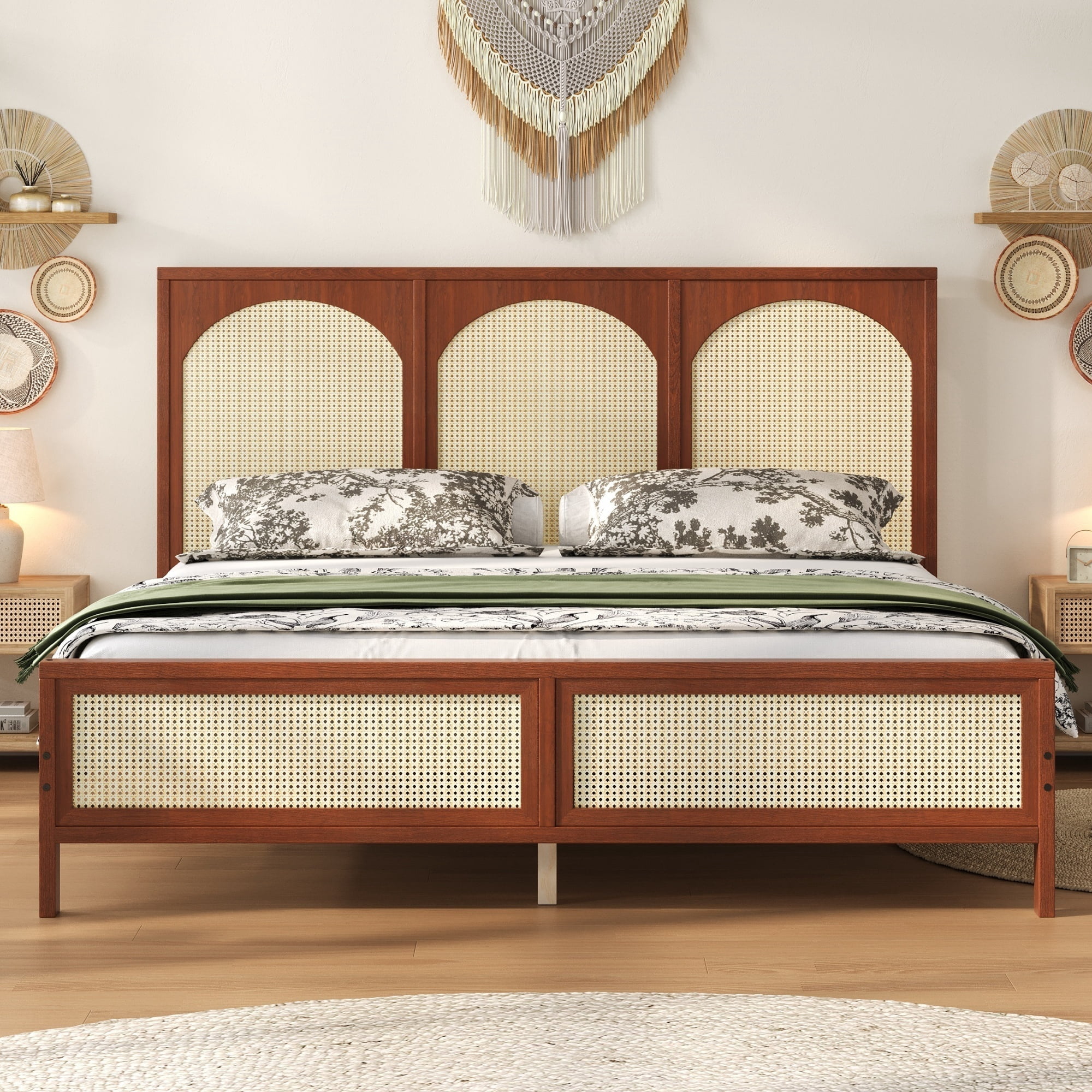 Euroco King Size Platform Bed with Rattan Headboard, Walnut