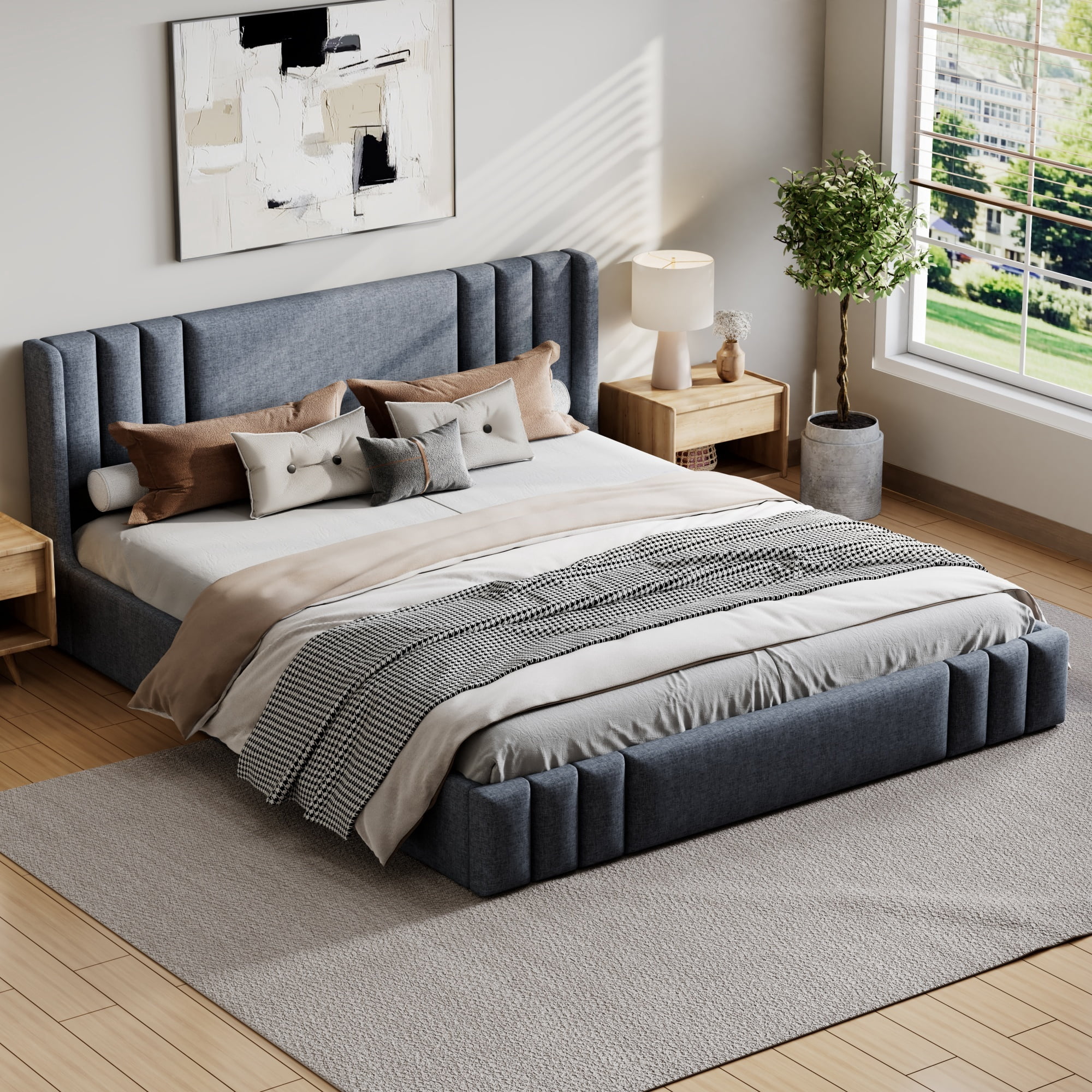 Euroco King Size Upholstery Platform Bed with Headboard, No Box Spring Needed, Gray